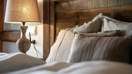 Mesa de cabeceira ao lado da cama com um abajur no estilo casa de fazenda  - obrazy, fototapety, plakaty