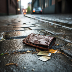Lost wallet on a wet sidewalk in the city