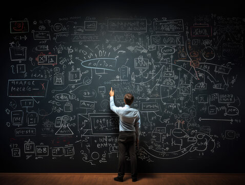 Boy solves a complicated math equation on a large chalkboard