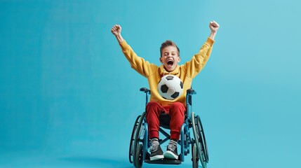 A stylish child in a wheelchair exudes joy, holding a football ball against a serene blue backdrop. Perfect for showcasing diversity in sports and youth empowerment - obrazy, fototapety, plakaty