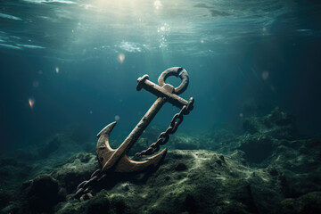 Boat ship anchor at the bottom of the sea - obrazy, fototapety, plakaty