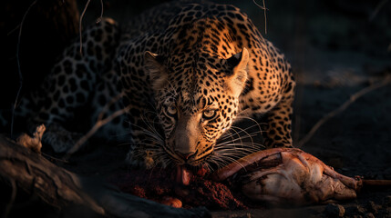Leopardo comendo carne na natureza - Papel de parede - obrazy, fototapety, plakaty