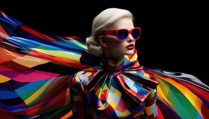 Modern woman in very colorful patterned fashion models with sunglasses