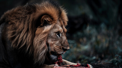 Leão comendo carne na natureza - Papel de parede - obrazy, fototapety, plakaty