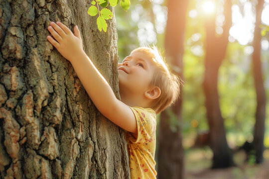 Net zero and carbon neutral concept. Child hugging a tree in the outdoor forest. global problem of carbon dioxide and global warming. Love of nature. greenhouse gas emissions target Climate neutral