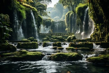 A watercourse surrounded by lush forest with a waterfall