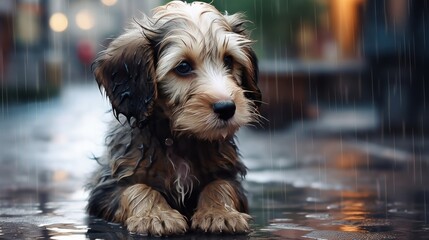 Melancholic small dog in the rain, reflective city lights, wet pavement, intimate animal moments. Concept: helping homeless animals.