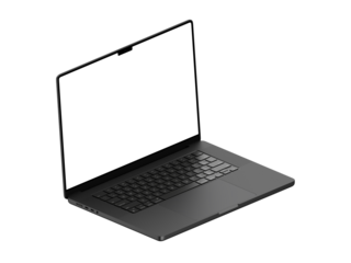 Laptop mockup with transparent screen for inserting images, isolated on white background, space black body. Whole in focus. Highly detailed.


