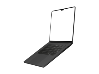 Flying Laptop mockup with transparent screen for inserting images, isolated on white background, space black body. Whole in focus. Highly detailed.