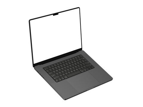 Macbook mockup with transparent screen for inserting images, isolated on white background, space black body. Whole in focus. Highly detailed.