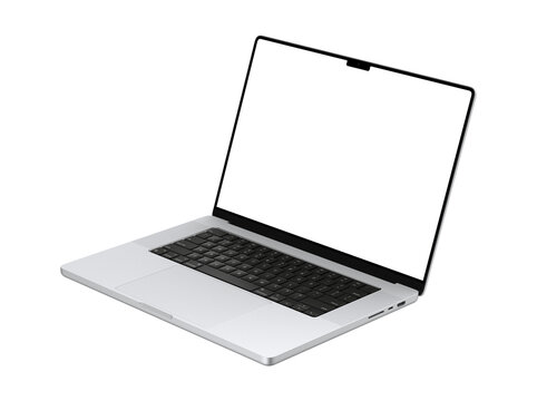 Macbook mockup with transparent screen for inserting images, isolated from background, Silver body. Highly detailed