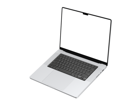 Laptop mockup with transparent screen for inserting images, isolated from background, Silver body. Highly detailed