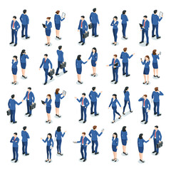 Fototapeta na wymiar isometric vector set of business people in suits, in color on a white background, men and women with phones or tablets in different poses, office employees
