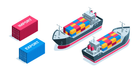 isometric cargo ship or tanker with containers, in color on a white background, water cargo transportation