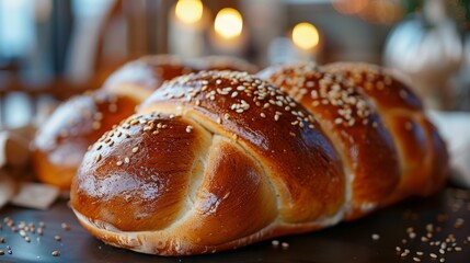 Obraz na płótnie Canvas Homemade Shabbat challah bread with sesame seeds, Traditional Jewish holiday pastry. Shabbat Shalom. Generative ai