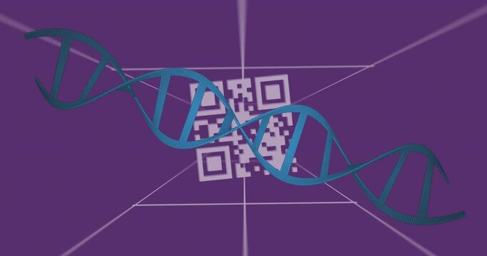 Animation of dna strand over qr code on purple background