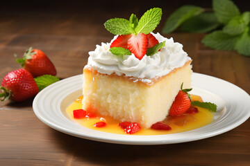 Dive into the divine flavors of Easter with a slice of Tres Leches cake, a classic dessert adorned with three types of milk Generative AI,