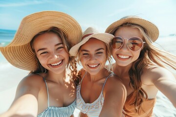 Three young smiling women in summer clothes. Girls take selfie self-portraits on a smartphone. Models posing on the beach. Women show positive emotions on their faces