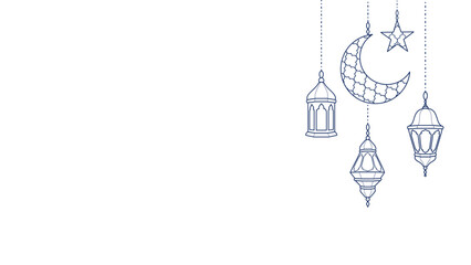 Ramadan line corner decoration. Hanging lanterns, crescent, stars. Islamic celebration background. - obrazy, fototapety, plakaty