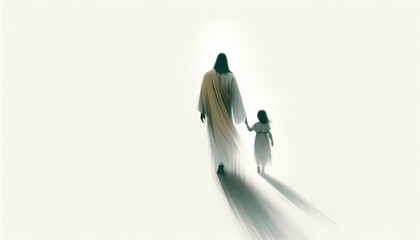 Jesus walking with a little girl on a neutral background. Rear view. Conceptual illustration.