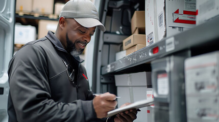 A Delivery Driver Verifying delivery instructions and obtaining signatures or proof of delivery from recipients - obrazy, fototapety, plakaty