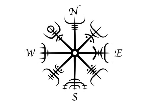Viking Pagan Asatru Compass, Vegvisir Wind rose, navigation runic compass, Norse Mythology. Protective talisman for travelers. Magical Navigator for the wandering. Vector tattoo isolated on white