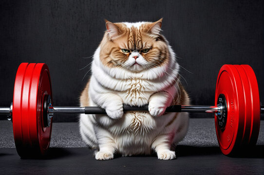 A cat is sitting on a weightlifting barbell