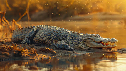 Fototapeta premium A massive crocodile lounges in the sunlight next to the riverbank