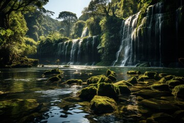 Waterfall amidst trees and rocks in river, part of natural landscape