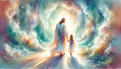 Digital painting of Jesus walking with a little girl towards light. Rear view. - obrazy, fototapety, plakaty
