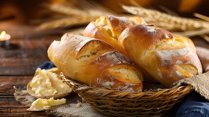 French Bread, on a basket over wooden table