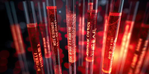 Fotobehang Within the laboratory, test tubes containing red liquid represent ongoing tests and analysis in research. © jambulart