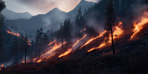 A wildfire is raging through the mountainous region, with dry grass and trees ablaze in the foreground.