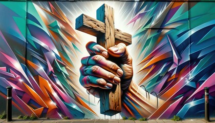 Graffiti on the wall with a hand holding a wooden cross. 