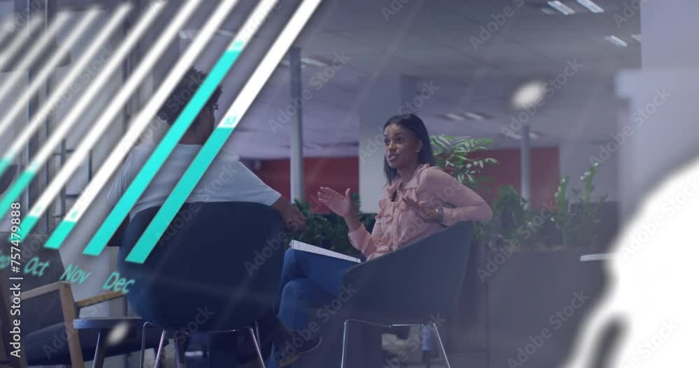 Poster animation of financial data processing over diverse colleagues discussing work in office