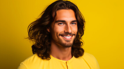 Portrait of an elegant sexy smiling Latino man with perfect skin and long hair, on a yellow background.
