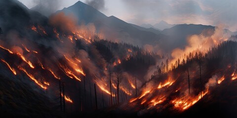 The mountains are experiencing a forest fire, with the foreground consumed by the burning of dry grass and trees. - obrazy, fototapety, plakaty