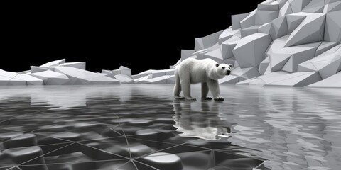 Against a backdrop of endless ice, a polar bear stands as a lone sentinel on its drifting floe. - obrazy, fototapety, plakaty
