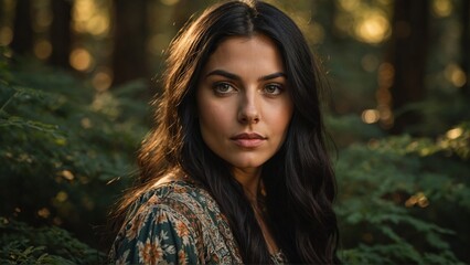 Portrait of woman with black hair and boho style clothes standing outdoors with a forest trees background