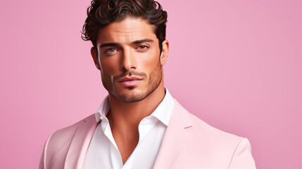 Portrait of an elegant sexy handsome Latino man with perfect skin, on a pink background.