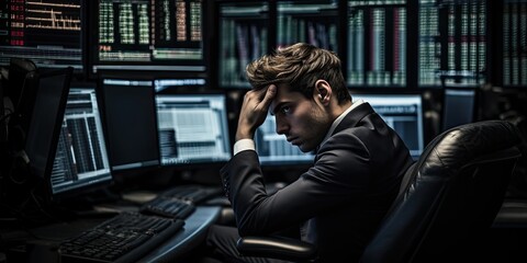 In the midst of an economic crisis, a distressed businessman, adorned with glasses, grimaces while clutching his head amidst falling stock graphics. - obrazy, fototapety, plakaty
