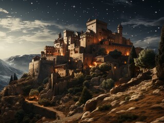 Castle overlooks city lights from hilltop under night sky - Powered by Adobe