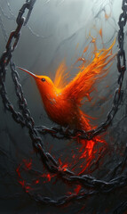 Painting of fire bird escaping from chains