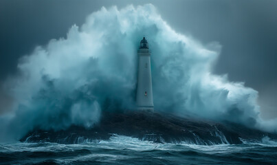 Fototapeta na wymiar Huge wave crashing into Lighthouse In Stormy Landscape