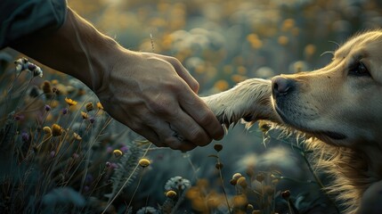 A person's hand gently cradles a dog's paw against a backdrop of lush nature, symbolizing the deep...