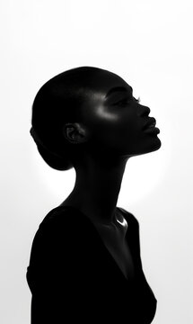 Black and white fashion art studio portrait of beautiful elegant black woman in profile view