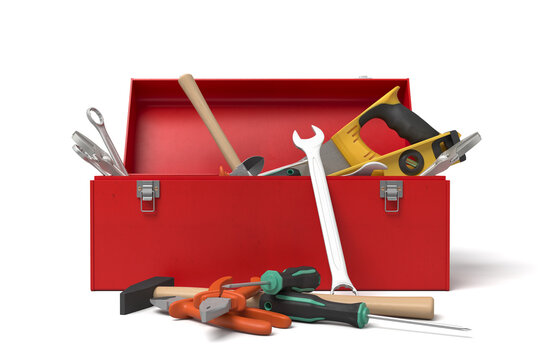 Open red toolbox with tools displayed