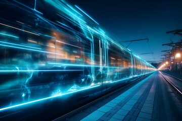 A metro train is seen in motion as it passes through a train station at night, illuminated by artificial light.