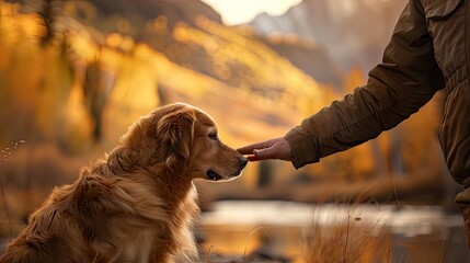 A person's hand gently cradles a dog's paw against a backdrop of lush nature, symbolizing the deep connection and bond between humans and their furry friends