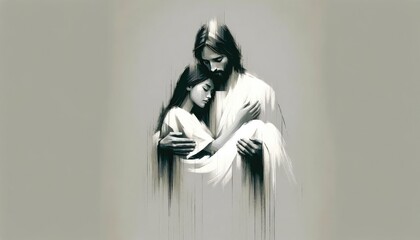 Young woman in white dress in the arms of Jesus. Digital illustration. - obrazy, fototapety, plakaty